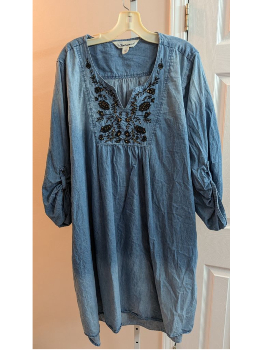 Tantrums Chambray Tunic Dress Beaded Embroidered Boho Denim Blue XXL
